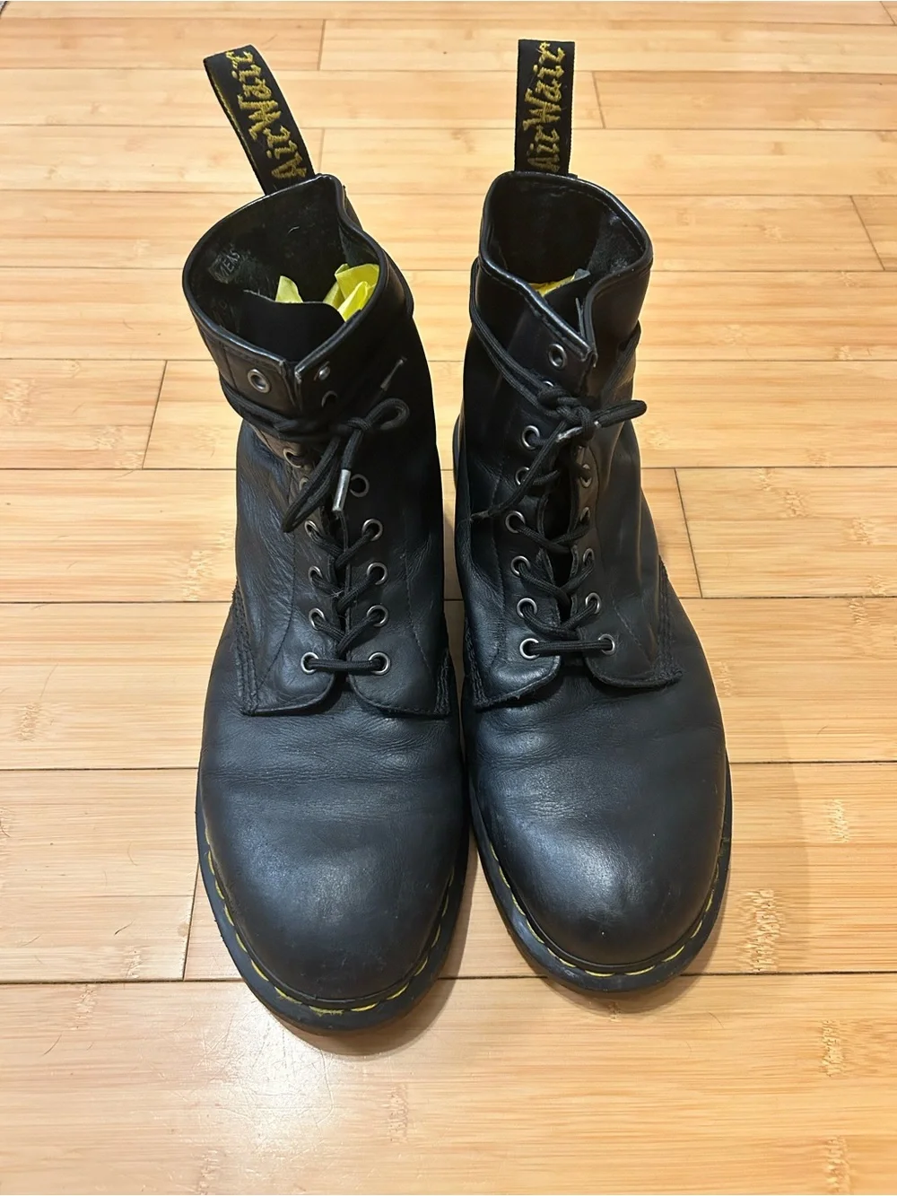 Dr. Martens Black Leather 8-Eye Lace-Up Boots with Yellow Stitching